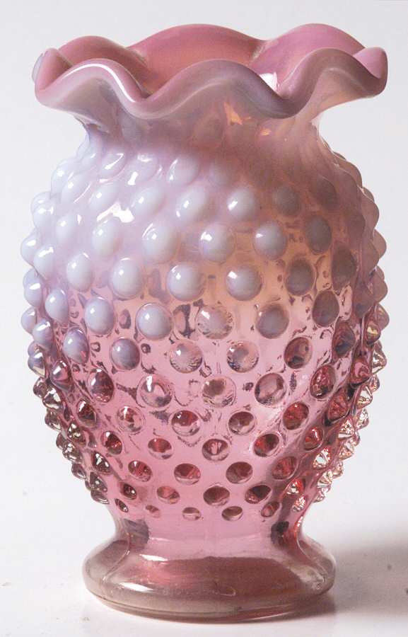 Hobnail Cranberry (Opalescent) 4" 8-Point Crimped Cupped Miniature Vase by Fenton-1