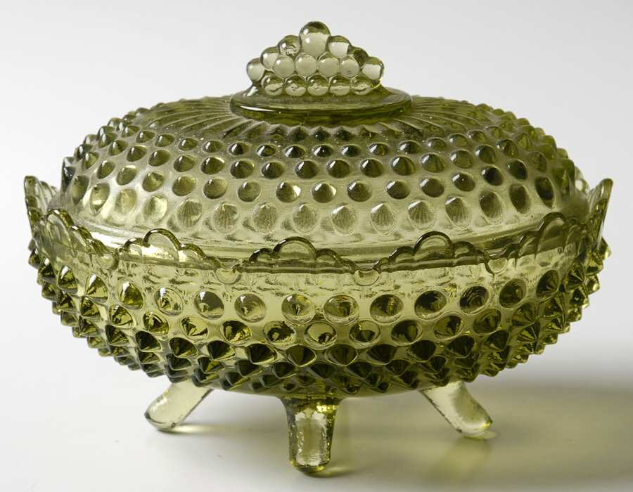 Hobnail Green (Colonial Green) Oval Candy Dish with Lid by Fenton-1