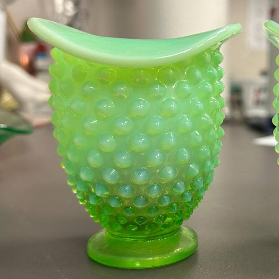 Hobnail Green (Opalescent) 4" Miniature Crimped Hat Vase by Fenton-1
