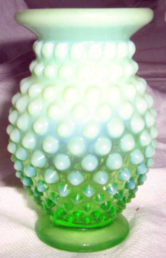 Hobnail Green (Opalescent) 4" Miniature Cupped Flared Crimp Vase by Fenton-1