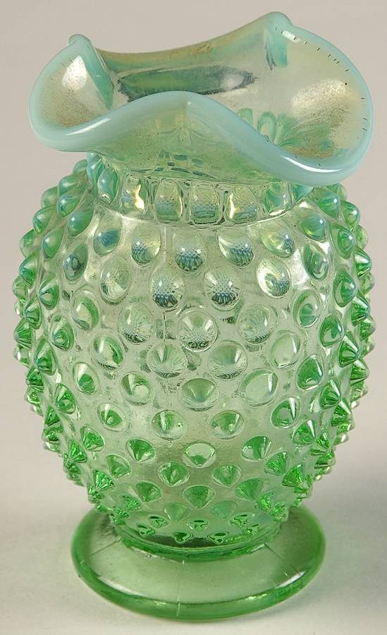 Hobnail Green (Opalescent) 4" Crimped Triangle Vase by Fenton-1