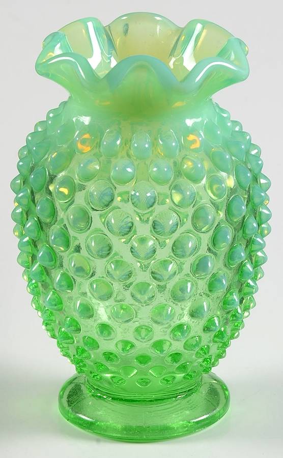 Hobnail Green (Opalescent) 4" 8-Point Crimped Cupped Miniature Vase by Fenton-1
