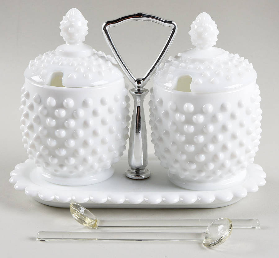 Hobnail Milk Glass (7 Piece) Jam/Jelly Set on Handled Tray by Fenton-1
