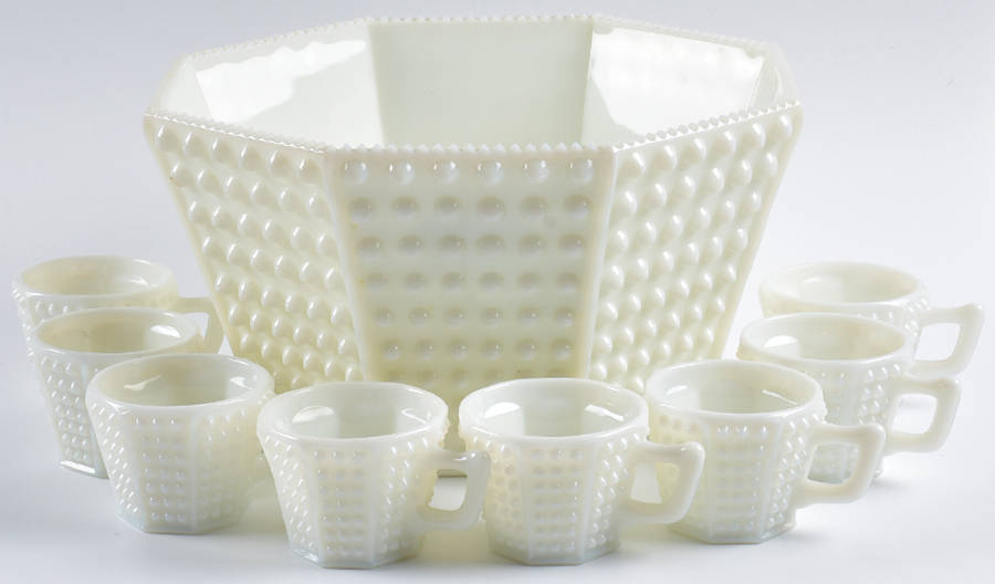 Hobnail Milk Glass (9 Piece) #3908 Octagonal Punch Set by Fenton-1