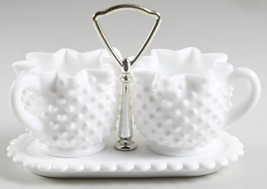 Hobnail Milk Glass Star Shape Sugar and Creamer on Tray by Fenton-1