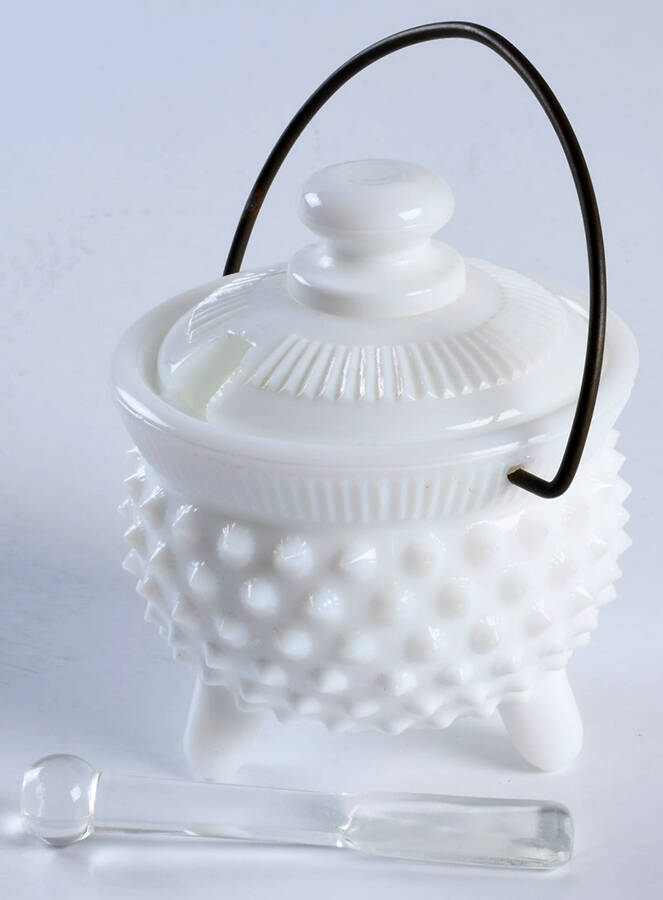 Hobnail Milk Glass Mustard Kettle & Lid with Wire Handle & Spoon by Fenton-1