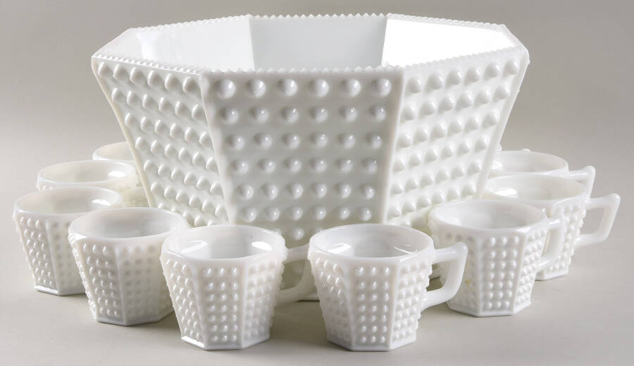 Hobnail Milk Glass (13 Piece) #3911 Octagonal Punch Set by Fenton-1