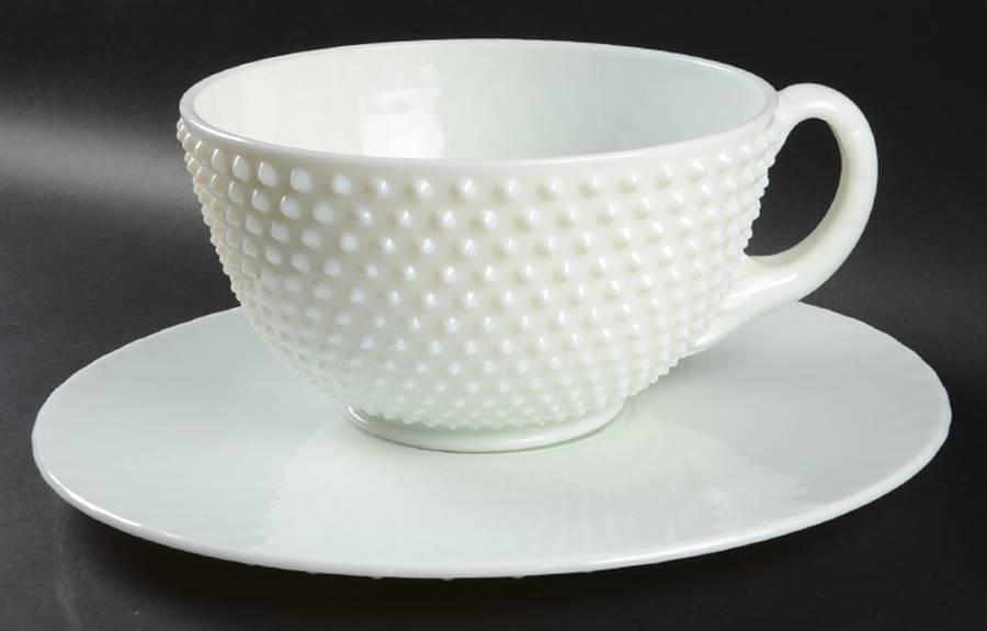 Hobnail Milk Glass #389 Handled Punch Bowl & Underplate (Cup Shape) by Fenton-1