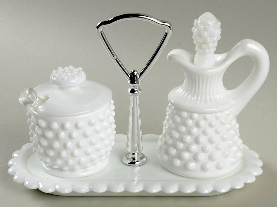 Hobnail Milk Glass #3715 Oil and Mustard Condiment Set on Tray by Fenton-1