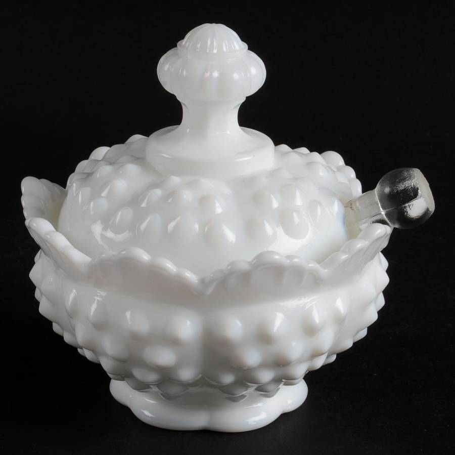 Hobnail Milk Glass #3605 Mustard & Lid with Spoon by Fenton-1