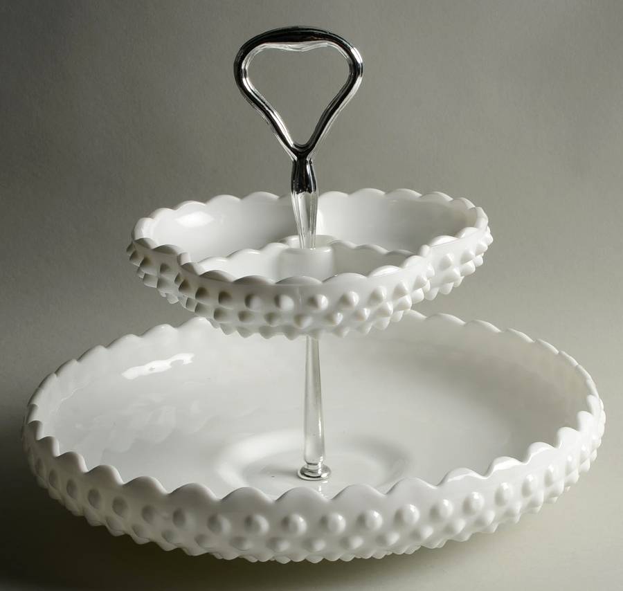 Hobnail Milk Glass 2 Tier Server, Three  Part Relish on Chip Bowl by Fenton-1