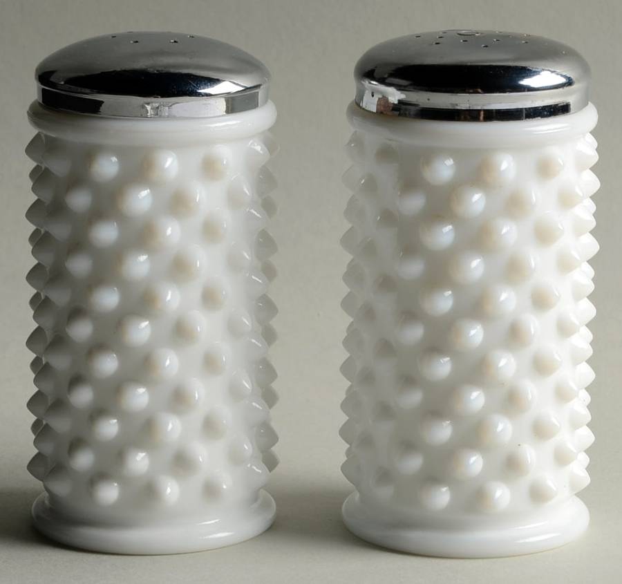 Hobnail Milk Glass All White Kitchen Shakers and Metal Lids by Fenton-1