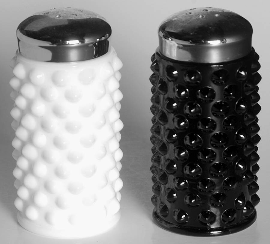 Hobnail Milk Glass Black & White Shaker Set with Metal Lids by Fenton-1