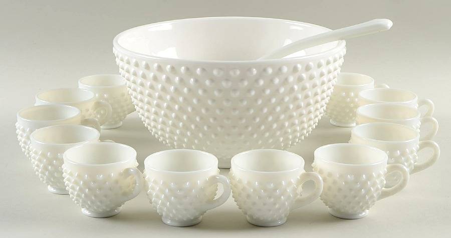 Hobnail Milk Glass (14 Pc) #3827 Punch Set (No Plate) by Fenton-1