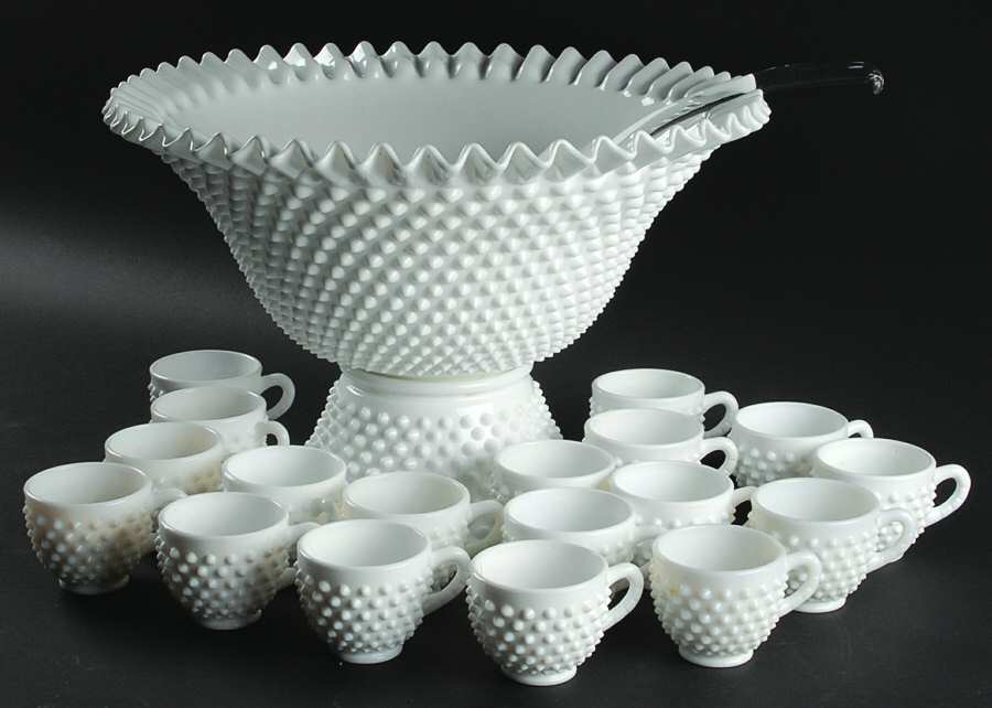 Hobnail Milk Glass (21 Piece) #3718 Punch Set by Fenton-1