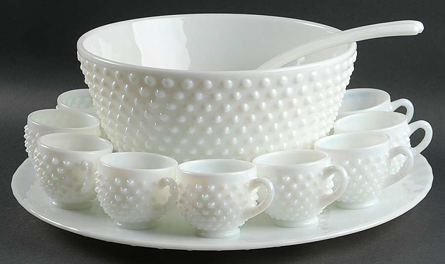 Hobnail Milk Glass (15 Pice) #3827 Punch Set by Fenton-1