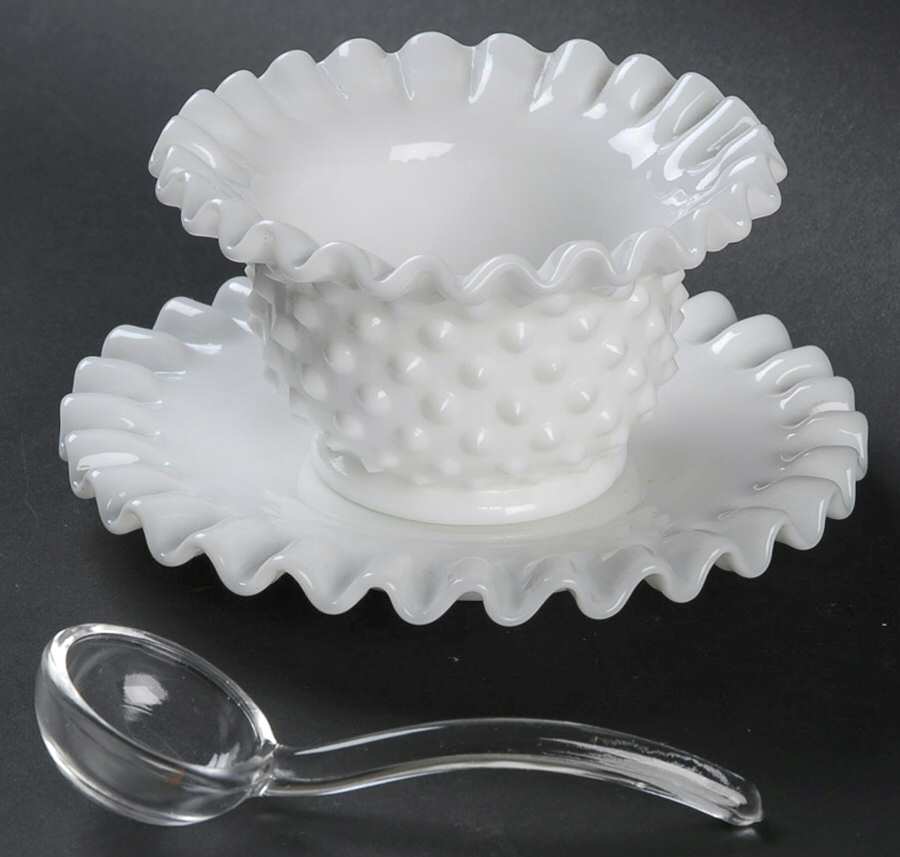 Hobnail Milk Glass Mayonnaise Bowl, Underplate and Ladle by Fenton-1