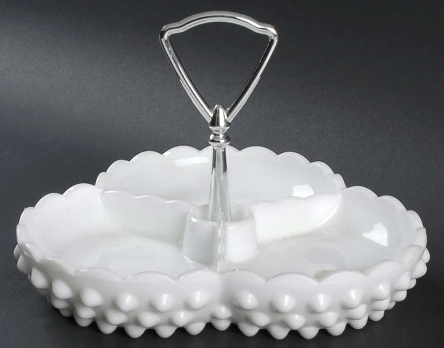 Hobnail Milk Glass 7" Tricorn 3 Part Relish with Center Metal Handle by Fenton-1
