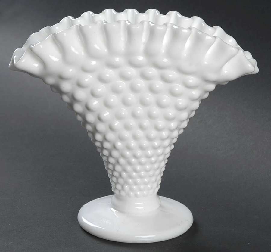 Hobnail Milk Glass 6" Footed Crimped Fan Flared Vase by Fenton-1
