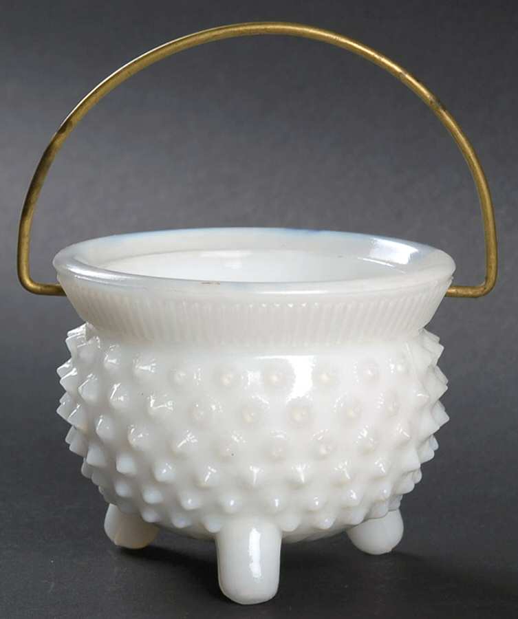 Hobnail Milk Glass Mustard Kettle No Lid with Wire Handle by Fenton-1