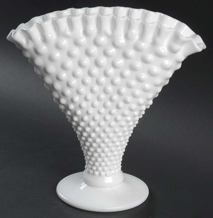 Hobnail Milk Glass 8" Footed Crimped Fan Vase by Fenton-1