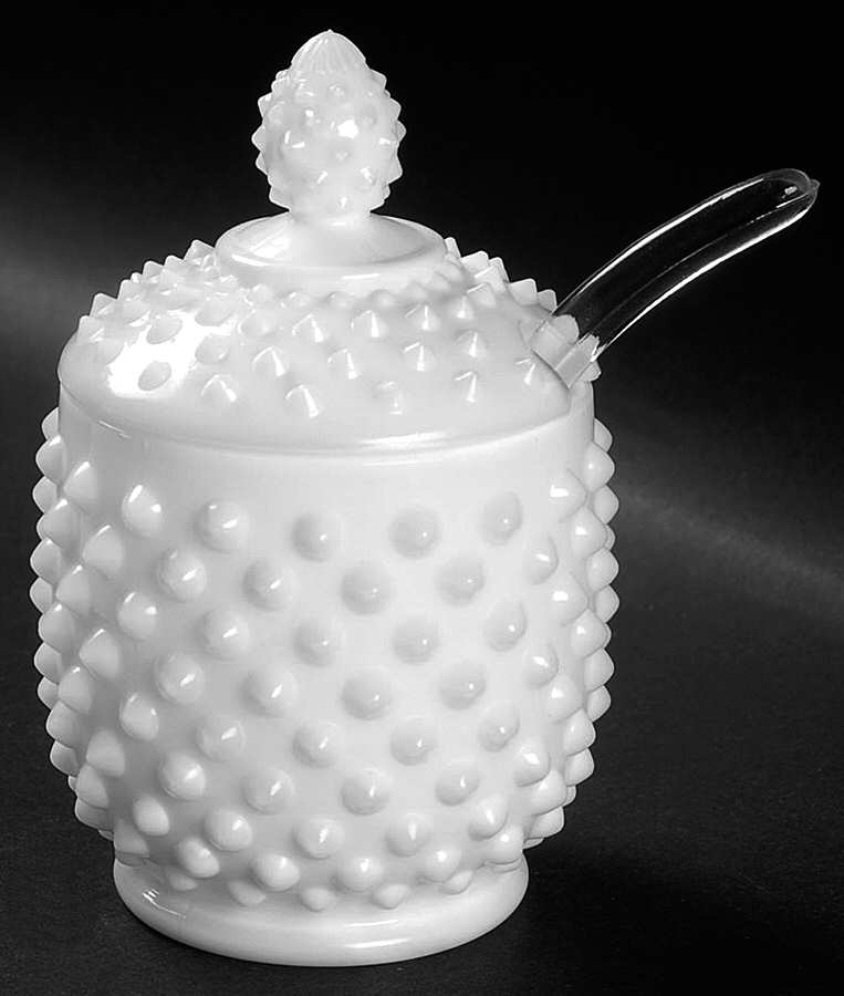 Hobnail Milk Glass Jam/Jelly with Lid and Spoon by Fenton-1