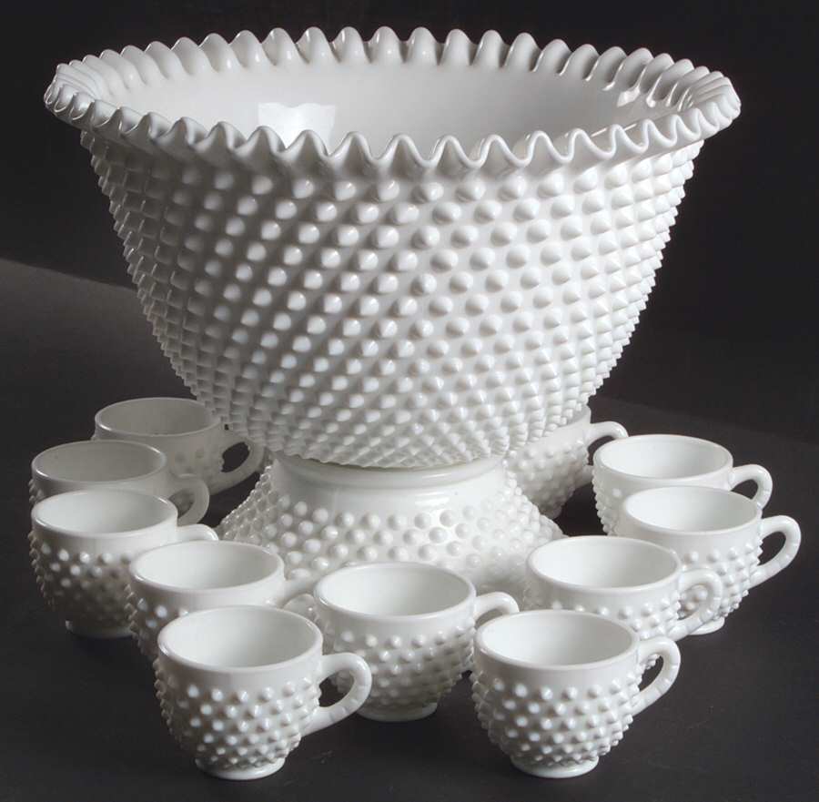 Hobnail Milk Glass (14 Piece) #3712 Punch Set by Fenton-1