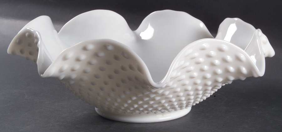 Hobnail Milk Glass #389 Crimped Punch Bowl by Fenton-1