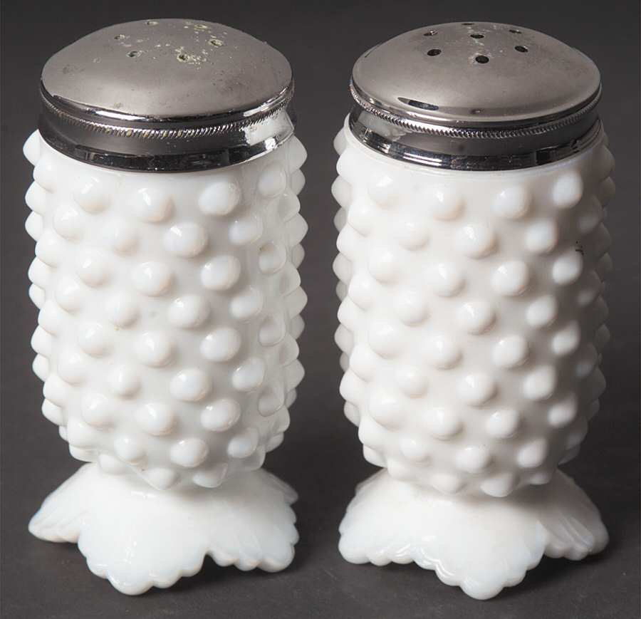 Hobnail Milk Glass Shaker Set Number 3609 with Metal Lids by Fenton-1