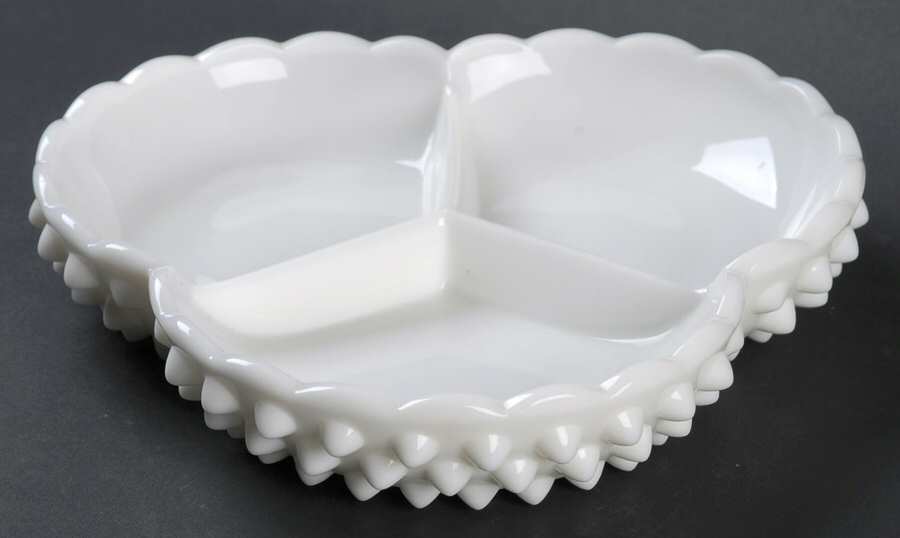 Hobnail Milk Glass 7" Clover Shape 3 Part Relish by Fenton-1