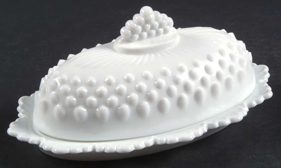 Hobnail Milk Glass Oval Covered Butter by Fenton-1