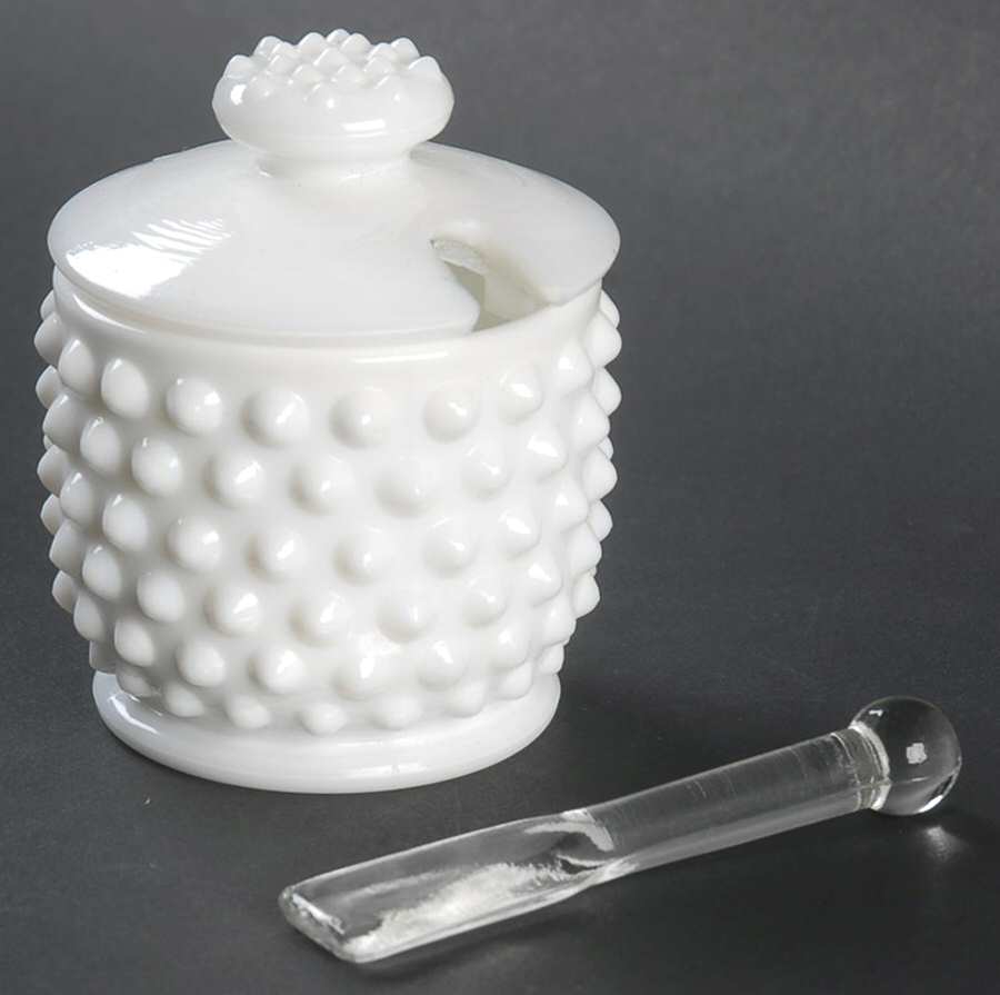 Hobnail Milk Glass Mustard & Lid with Spoon by Fenton-1
