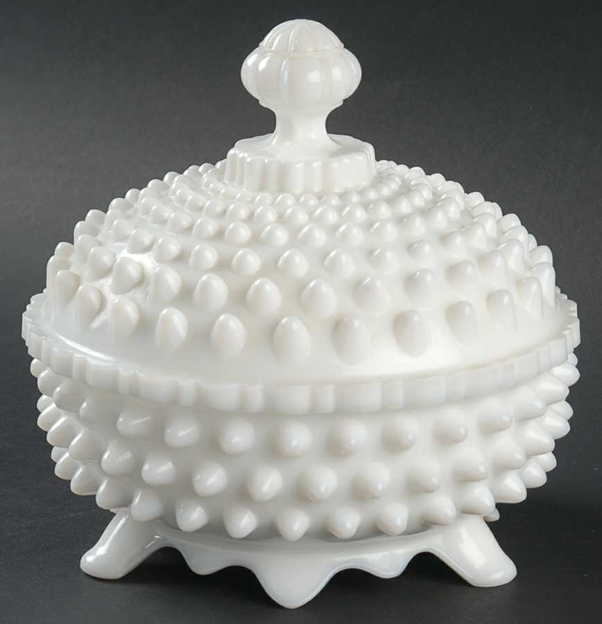 Hobnail Milk Glass 3 Toed 6" Candy Dish with Lid by Fenton-1