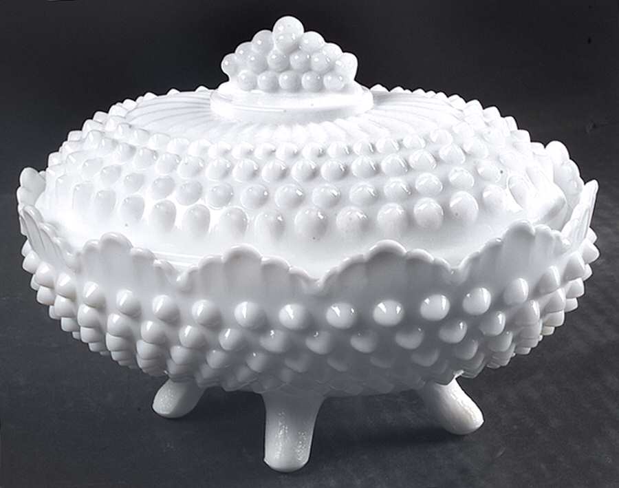 Hobnail Milk Glass Oval Candy Dish with Lid by Fenton-1
