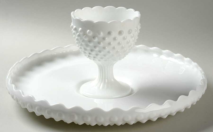 Hobnail Milk Glass Chip & Dip Set by Fenton-1