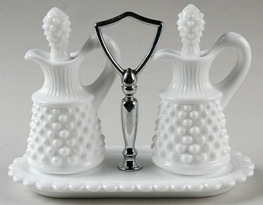 Hobnail Milk Glass (5 Piece) Oil Cruet Set on Handled Tray by Fenton-1