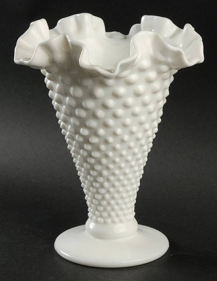 Hobnail Milk Glass 8" Footed Double Crimped Vase by Fenton-1