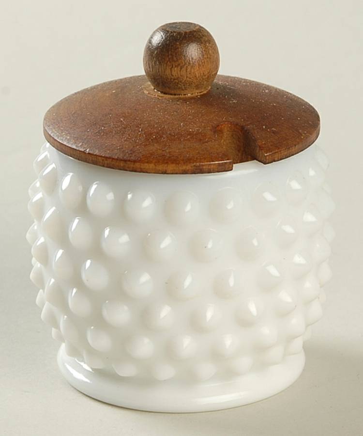 Hobnail Milk Glass Mustard & Wood Lid by Fenton-1