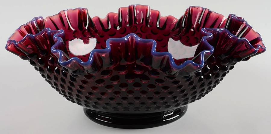 Hobnail Plum (Opalescent) 11" Round Double Crimped Bowl by Fenton-1