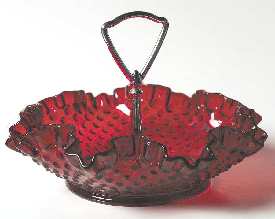 Hobnail Ruby 8" Metal Handle Bon Bon by Fenton-1