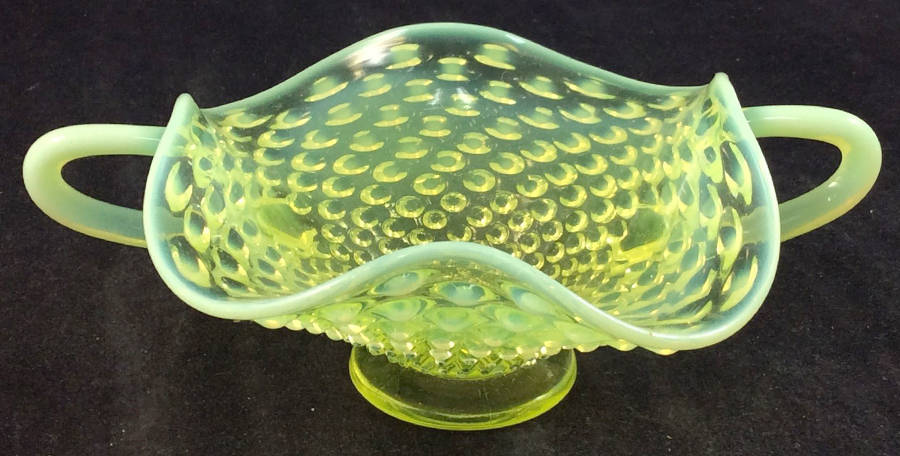 Hobnail Topaz (Opalescent) 6" Square Handled Bon Bon by Fenton-1
