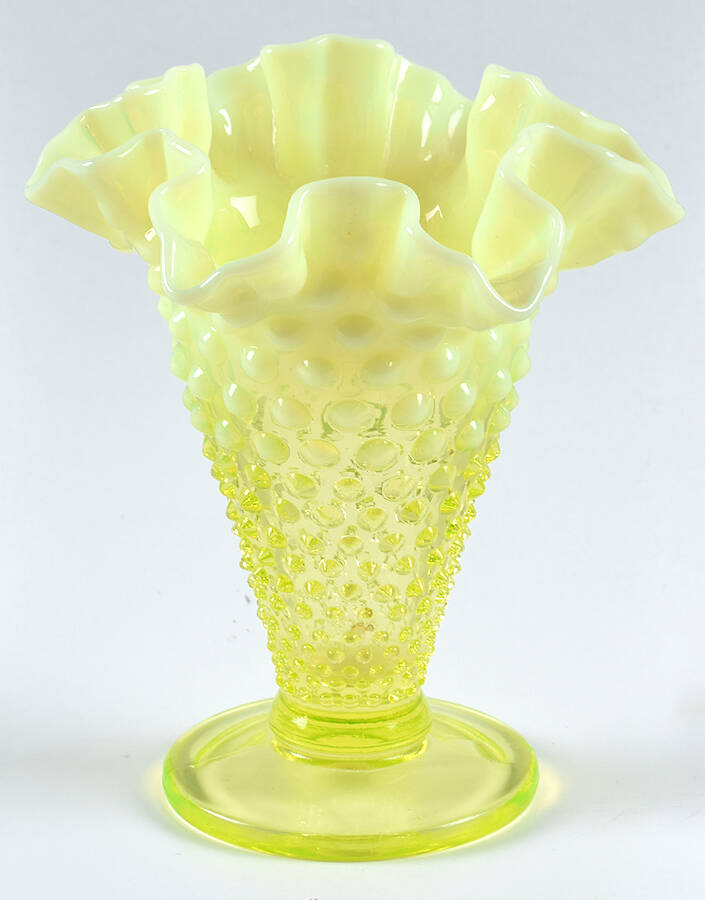 Hobnail Topaz (Opalescent) 6" Footed Double Crimped Vase by Fenton-1