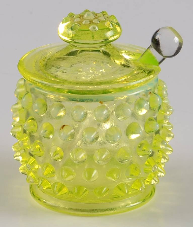 Hobnail Topaz (Opalescent) Mustard & Lid with Spoon by Fenton-1