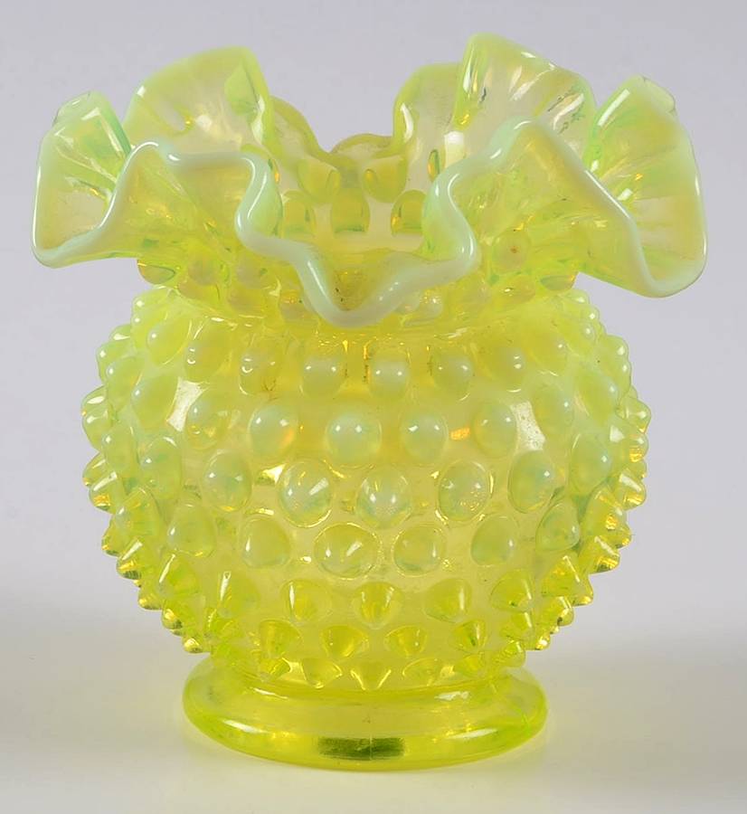 Hobnail Topaz (Opalescent) 4 1/2" Miniature Double Crimp Vase by Fenton-1