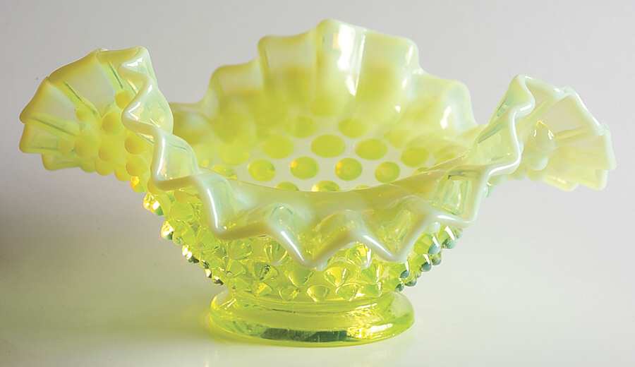 Hobnail Topaz (Opalescent) 7" Crimped Triangular Bowl by Fenton-1