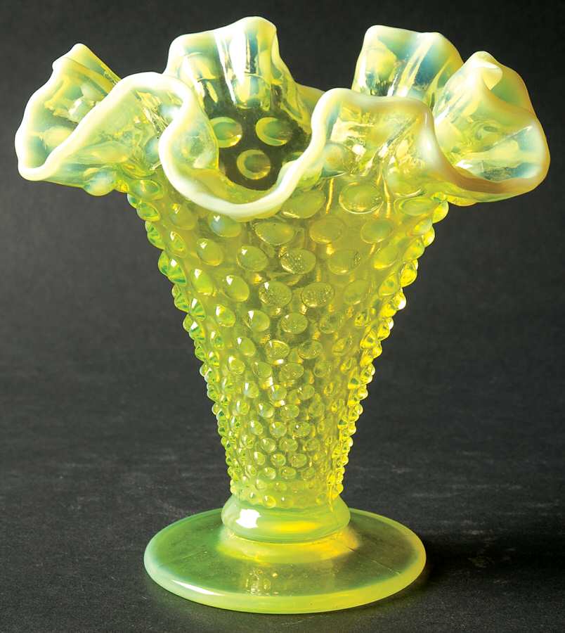 Hobnail Topaz (Opalescent) 5" Footed Double Crimped Vase by Fenton-1
