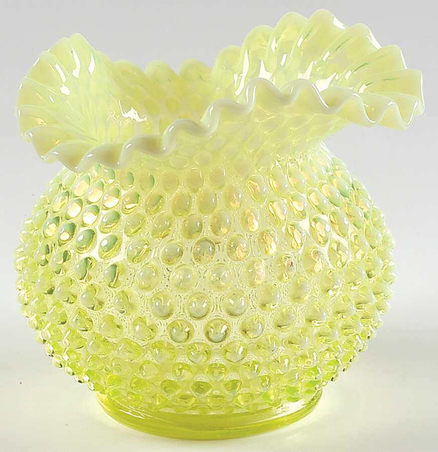 Hobnail Topaz (Opalescent) 5" Crimped Triangle Vase by Fenton-1