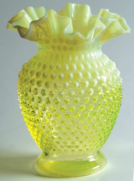 Hobnail Topaz (Opalescent) 6" Double Crimped Vase by Fenton-1