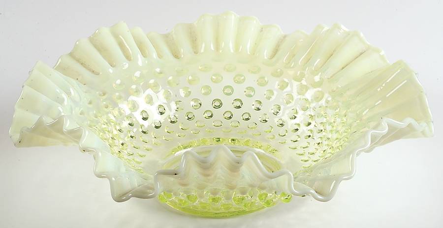 Hobnail Topaz (Opalescent) 11" Round Crimped Bowl by Fenton-1