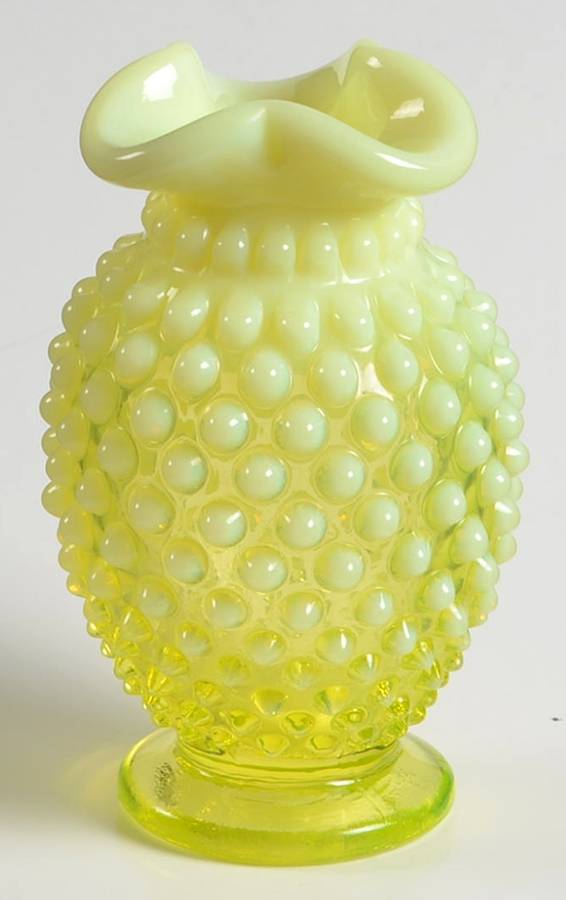 Hobnail Topaz (Opalescent) 4" Crimped Triangle Vase by Fenton-1